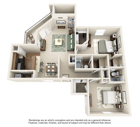 Floor plan for 2 beds, 2 baths, 1000 sqft